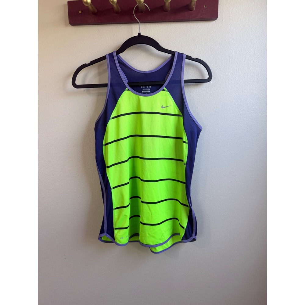 Nike Dri-FIT Racerback Running Tank Top Neon Green Purple Striped Womens M